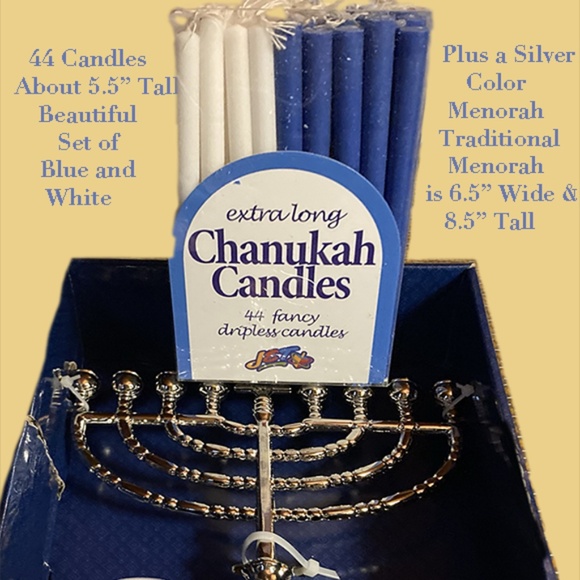 Silvertone Menorah & Box of 44 Tall 5" Candles - Traditional design, Brand New - Picture 3 of 6